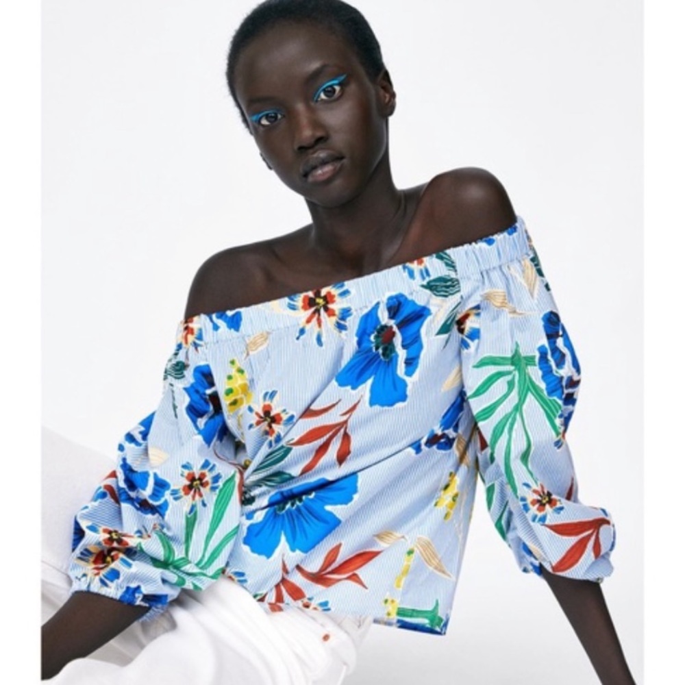 ⭐️2/$35⭐️ NWOT Zara Stripe Floral Off The Shoulder Top